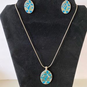 Silver-Turquoise Rhinestone Necklace Set